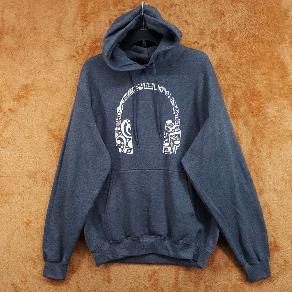 LA POP ART Sweatshirt Mens Medium Dark Grey Hoodie Fleece Music Notes Headphones